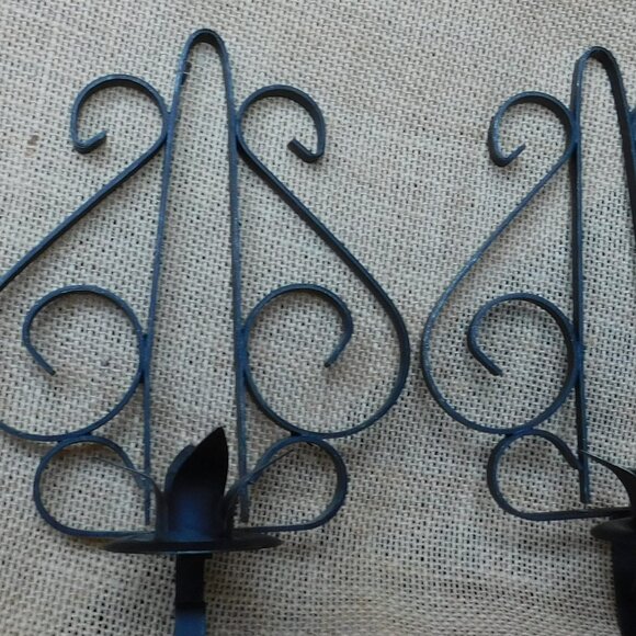 VTG MCM  Black Wrought Iron Metal Wall Candlestick Sconces 9" Pair Candle Holder - Picture 2 of 8